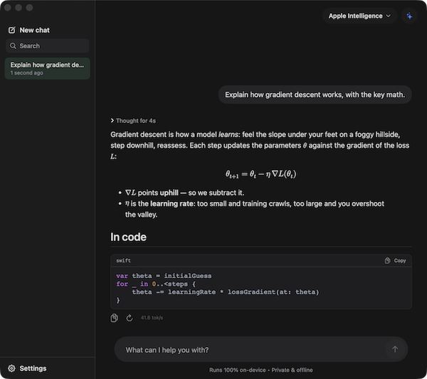 MLX Chat conversation — thinking disclosure, LaTeX math, a Swift code block, and a live tok/s readout