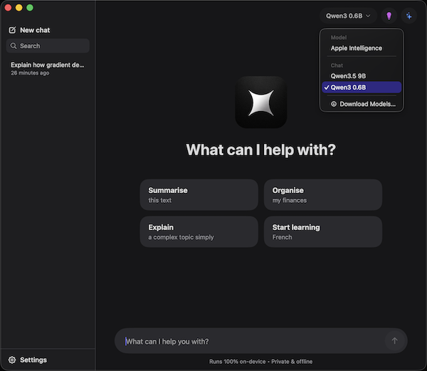 MLX Chat model picker — Apple Intelligence and downloaded Qwen models in one dropdown, with Download Models entry